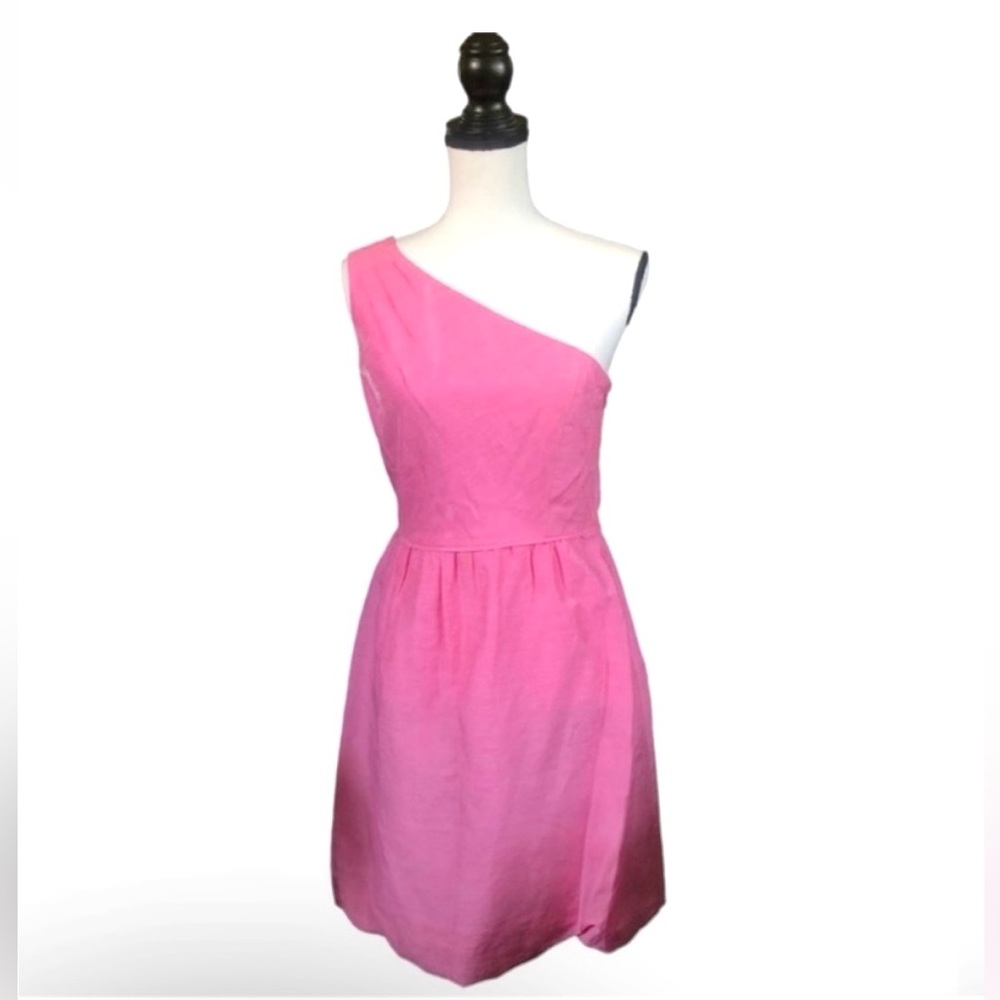 J. Crew Bridget Shimmery Pink Linen Blend One Shoulder Mini Dress Preppy Size 6